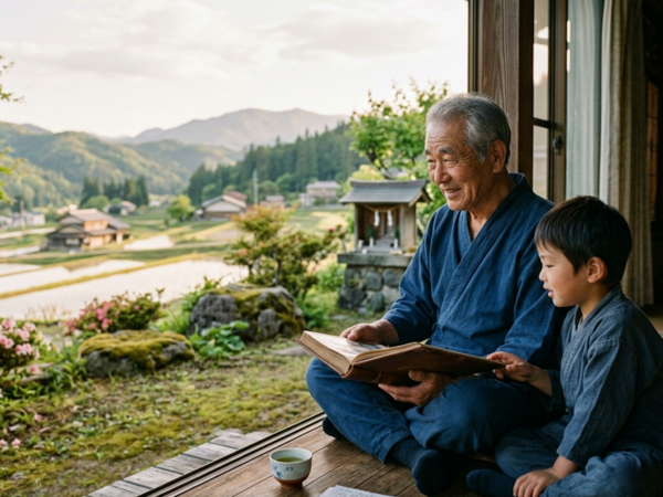 日本の原風景か。老人と孫のイメージ画byGemini